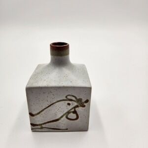 Vintage Otagiri Japan Speckled Stoneware Square Bud Vase Hand Painted Bird MCM